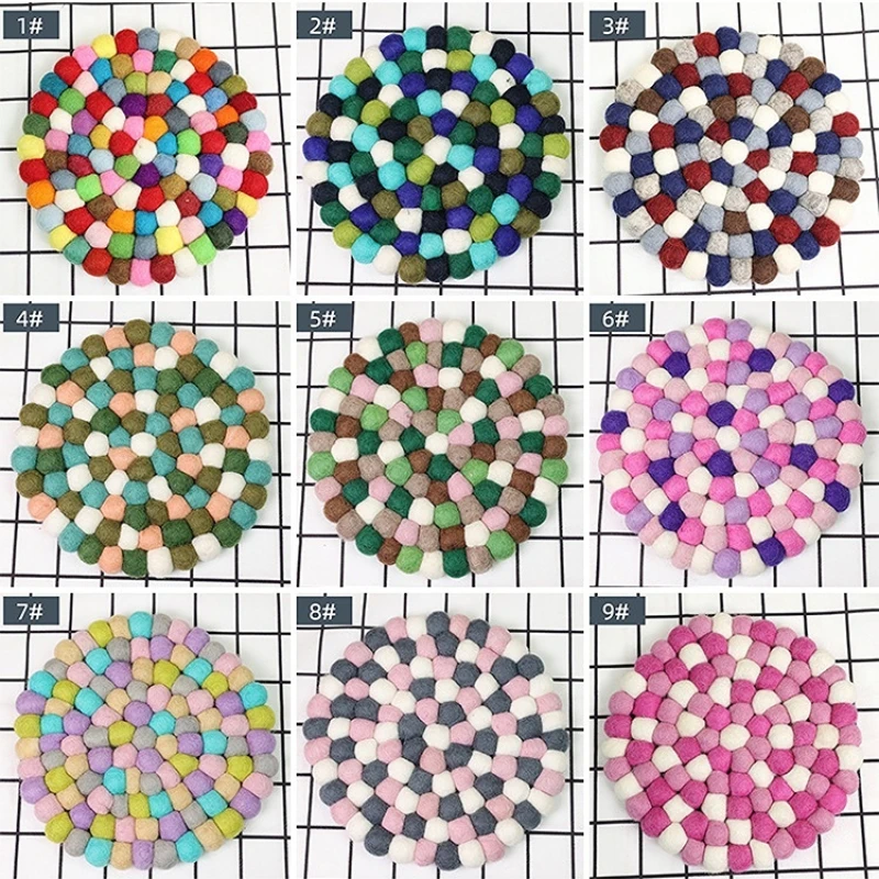 

Handmade Wool Felt Coaster Placemat Colorful Mixed Color Ball Round Cute Home Display Photo Props Dining Table Accessories