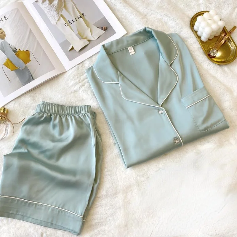 QWEEK Silk Pajamas for Women Two Piece Set Summer Satin Pyjamamas Square Diamond Buttons Solid Color Pijamas Sleepwear Nightwear