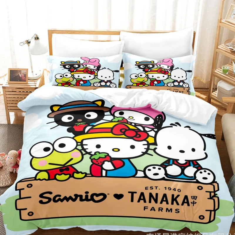 Cartoon Anime Sanrio Bedding Set Hello Kitty Kuromi Melody Quilt Duvet Cover Pillowcase Pompompurin Cinnamoroll Girls Bed Set