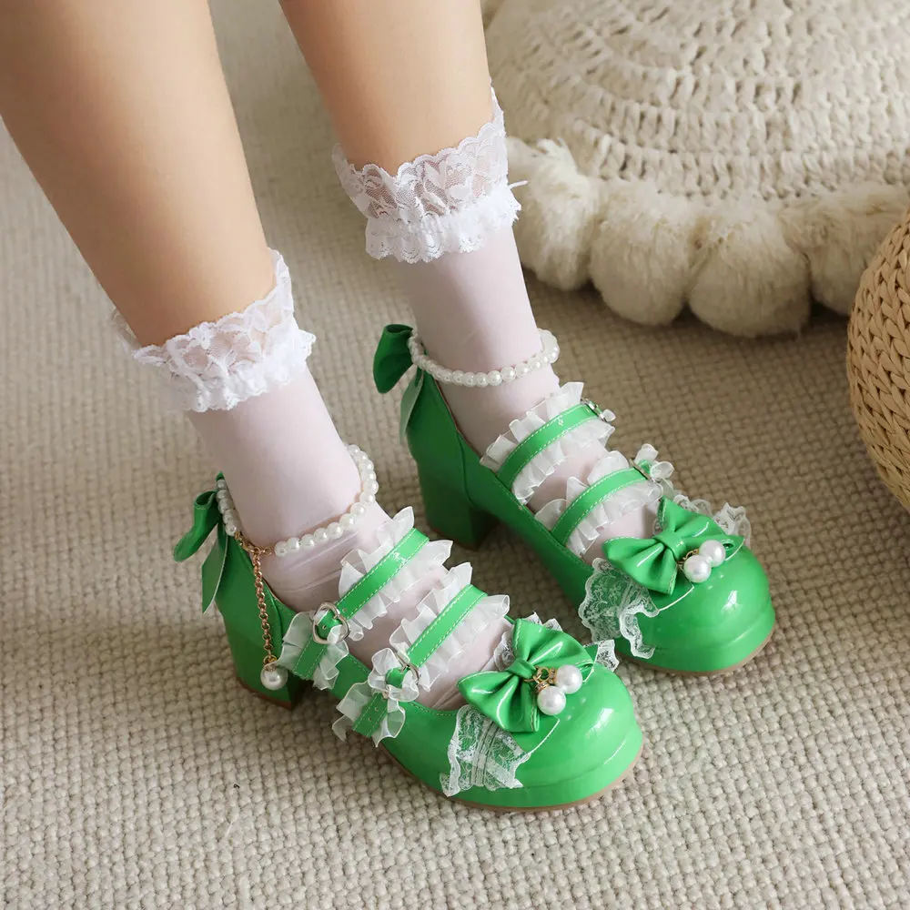Womens Sweet Lolita Shoes Pearls String Bead Lace Ankle Strap Patent Leather Mary Jane Platform Chunky Heeled Party Bow Pumps