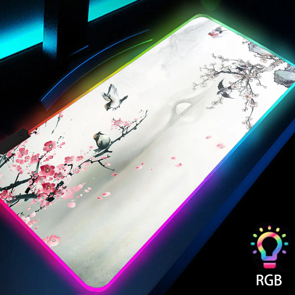 

Ancient Style Mouse Mats The Sound of Birds Singing and The Fragrance of Flowers LED Backlit Table Rug Gaming Mat Rgb Luminous