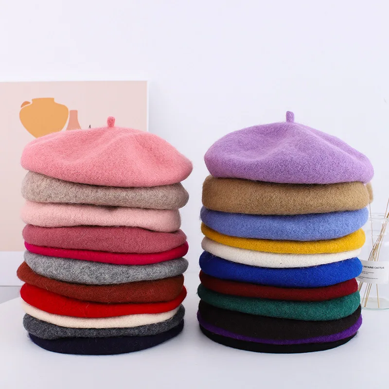 

French Artist Women Girl Beret Winter Warm Wool Winter Beanie Hat Cap Vintage Plain Beret Hats Solid Color Elegant Lady Cap
