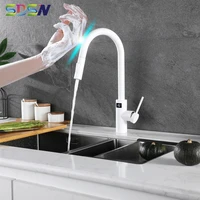 white touch digital kitchen faucet with pull down sprayer hot cold kitchen mixer tap intelligent digital touch kitchen faucets