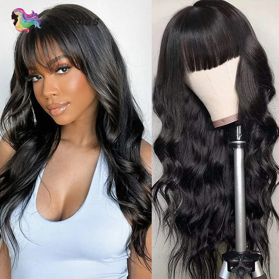 

Glueless Wig Human Hair Wear Go Body Wave Human Hair Wig With Bangs Natural Color Full Machine Made Wigs For Women Human Hair 1B