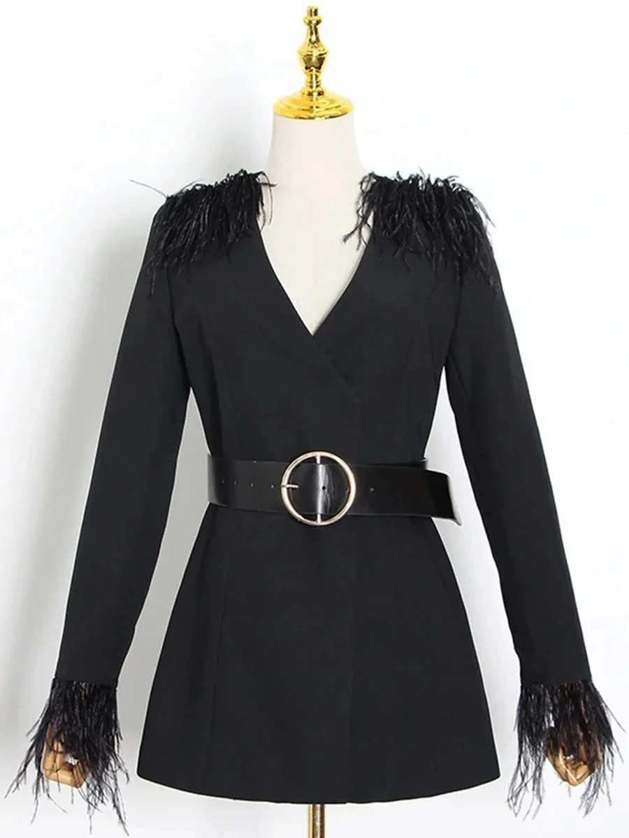 VGH темпераментные лоскутные пиджаки с перьями для женщин v-образным вырезом и