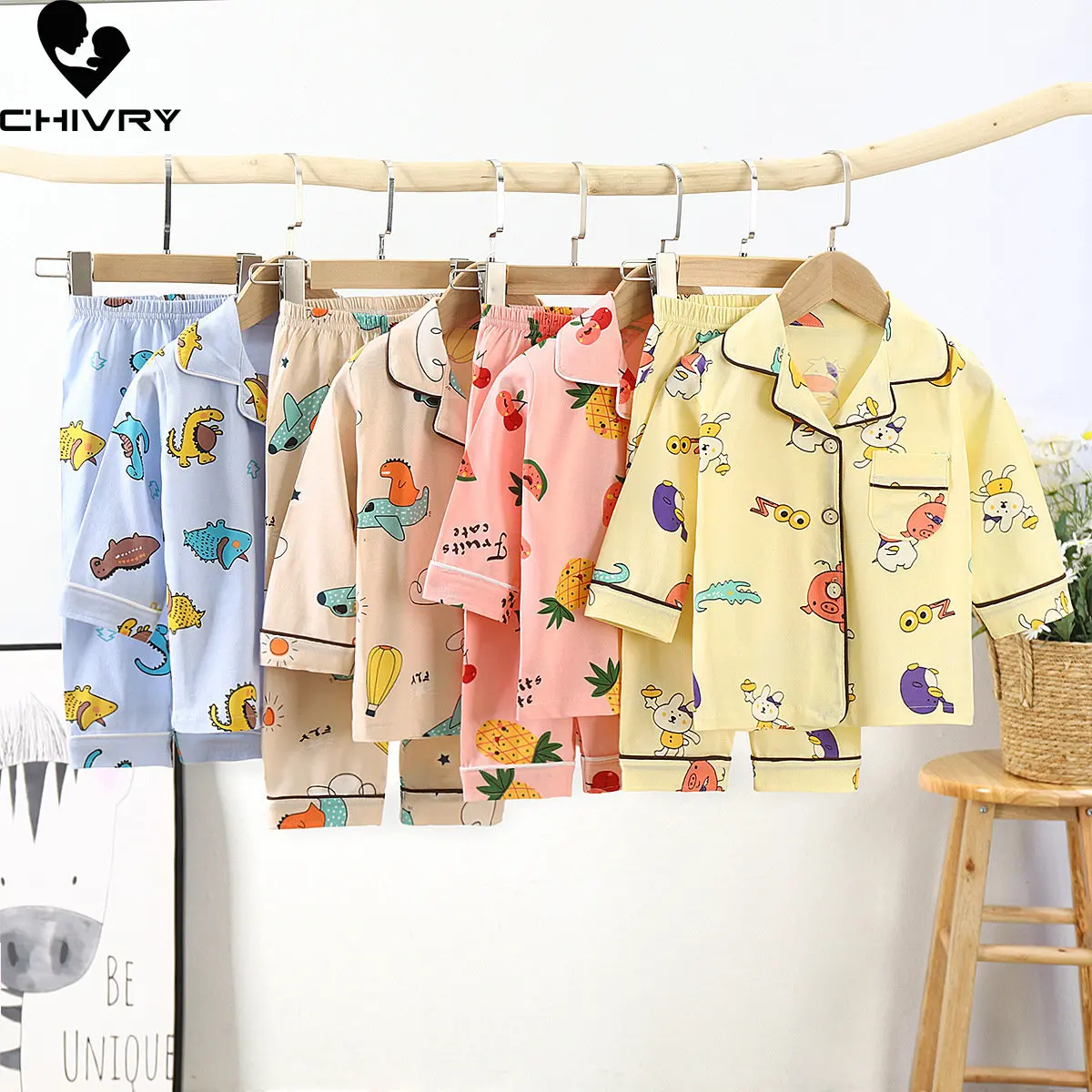 

New 2023 Kids Boys Girls Pajamas Cartoon Long Sleeve Lapel Shirt with Pants Baby Spring Summer Casual Homewear Clothing Sets