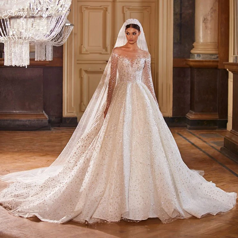 

AmyLvager New Arrival Gorgeous Lace Court Train A-Line Wedding Dress Luxury Beading Scoop Neck Long Sleeve Princess Bridal Gown
