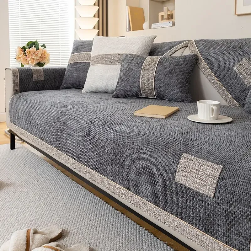 New Solid Color Chenille Sofa Mat Cover Universal Striped Couch Cushion Dust-proof Non-slip Pet Cat Slipcover Living Room