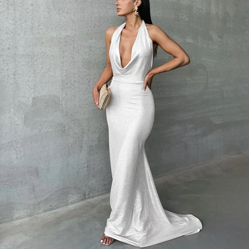 

Zabrina Формальные платья с лямкой на шее и вечерние платья с низким вырезом, сексуальное элегантное платье с открытой спиной, коктейльное длинное облегающее платье с драпировкой