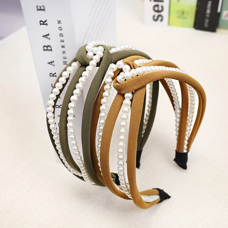

Retro Hollow Pearl Cross Headband Fabric Wide-brimmed Bow Pearl Face Wash Headband Ladies New Fashion Headwear Hair Accessories