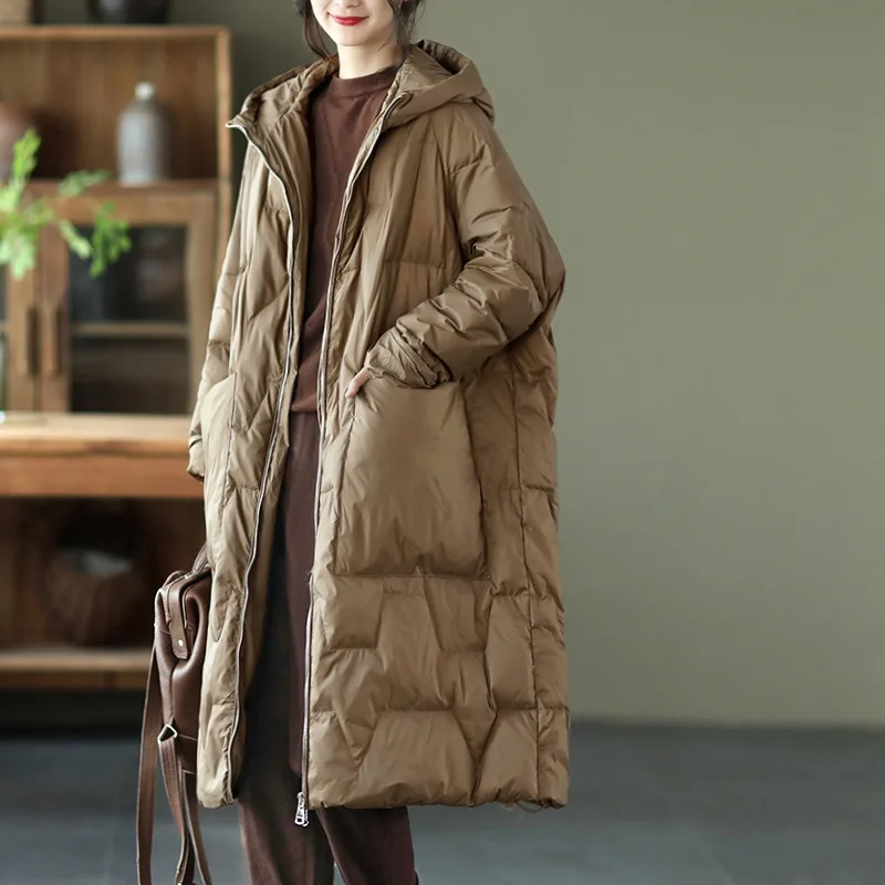 CNACNOO New winter retro literary hooded long-sleeved slim white duck down jacket women's elegant long warm down jacket