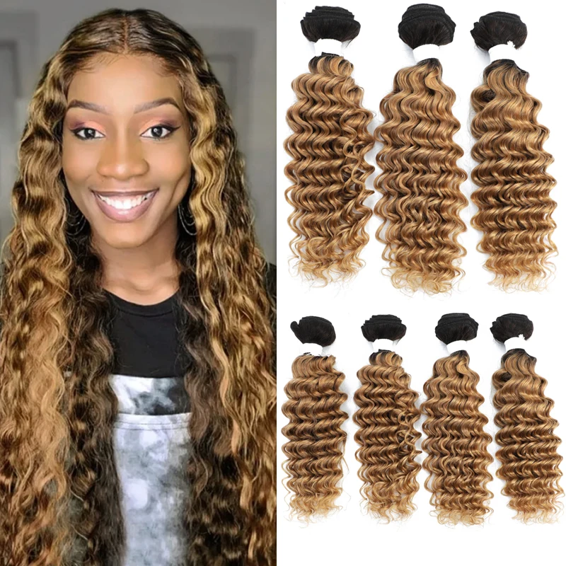 

1B/27 Ombre Brown Deep Wave Human Hair Bundles 8-26 Inches Human Hair Weave Bundles Brazilian Remy Hair Bundle Deals 3/4 PCS