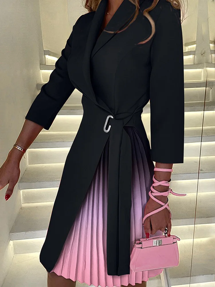 

Autumn Elegant Print Pleated Knee-length Dress Women 2022 Fashion V-neck Long Sleeve Lace-up Dresses Office Lady Party Dress