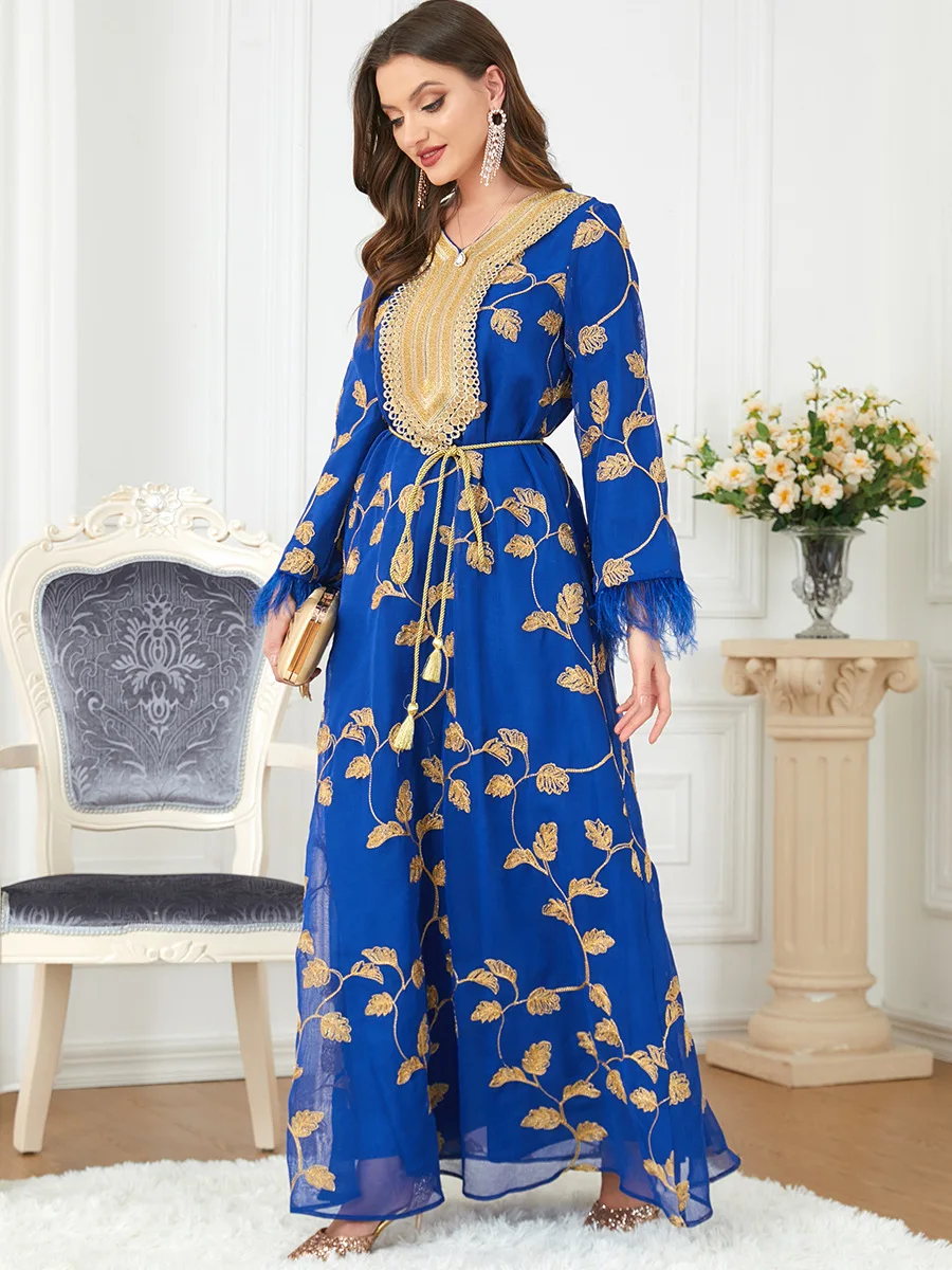 Women's Winter Muslim Fashion Long-Sleeved Hot Gold Chiffon V-Neck Dress Turkish Indian Abaya Arab Islamic Women's Kaftan Gown