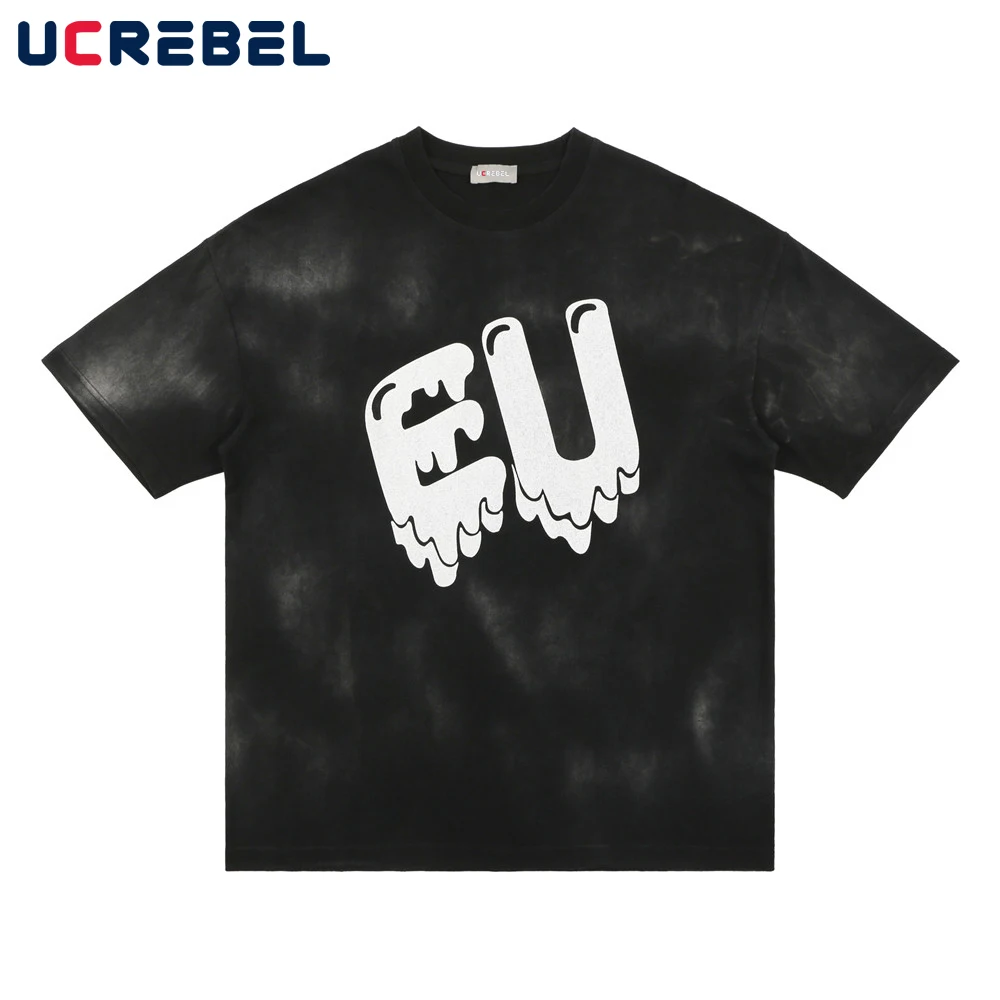 

Cartoon Letter Print Short Sleeve T-shirt Mens Summer Tie-dye Crew Neck Cotton Tee Streetwear Distressed Loose Half-Sleeve Men