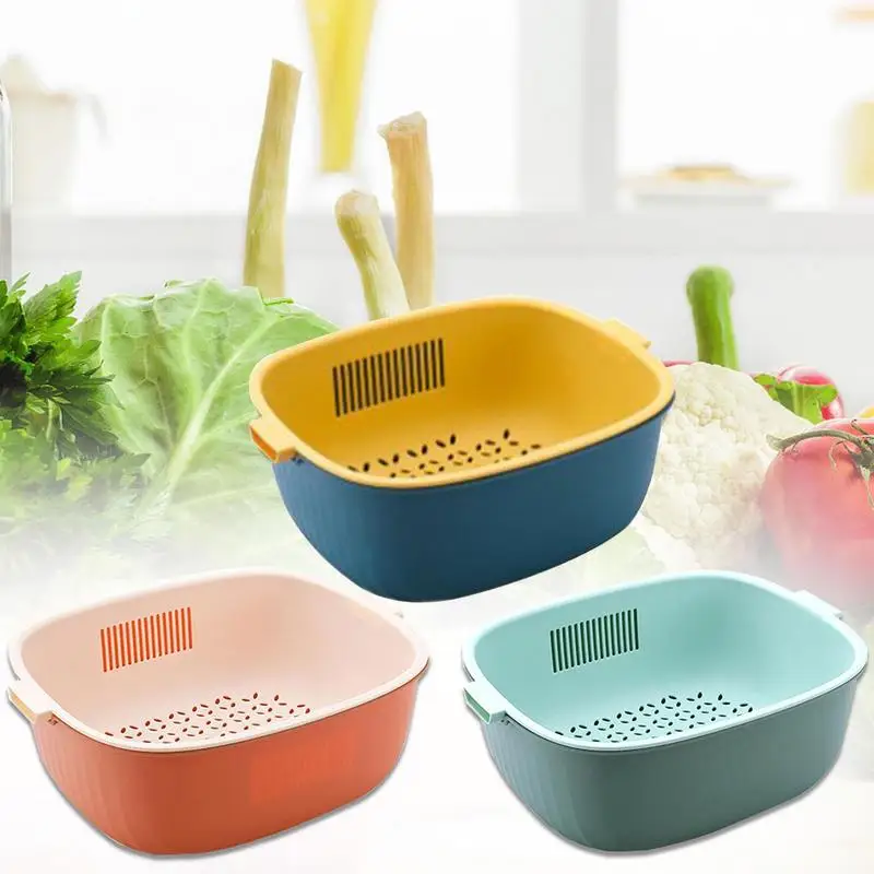 

Double Drain Basket Washing Bowl Strainer Vegetable Fruit Washing Baskets Vegetable Cleaning Colander For Spaghetti Pasta Fruit