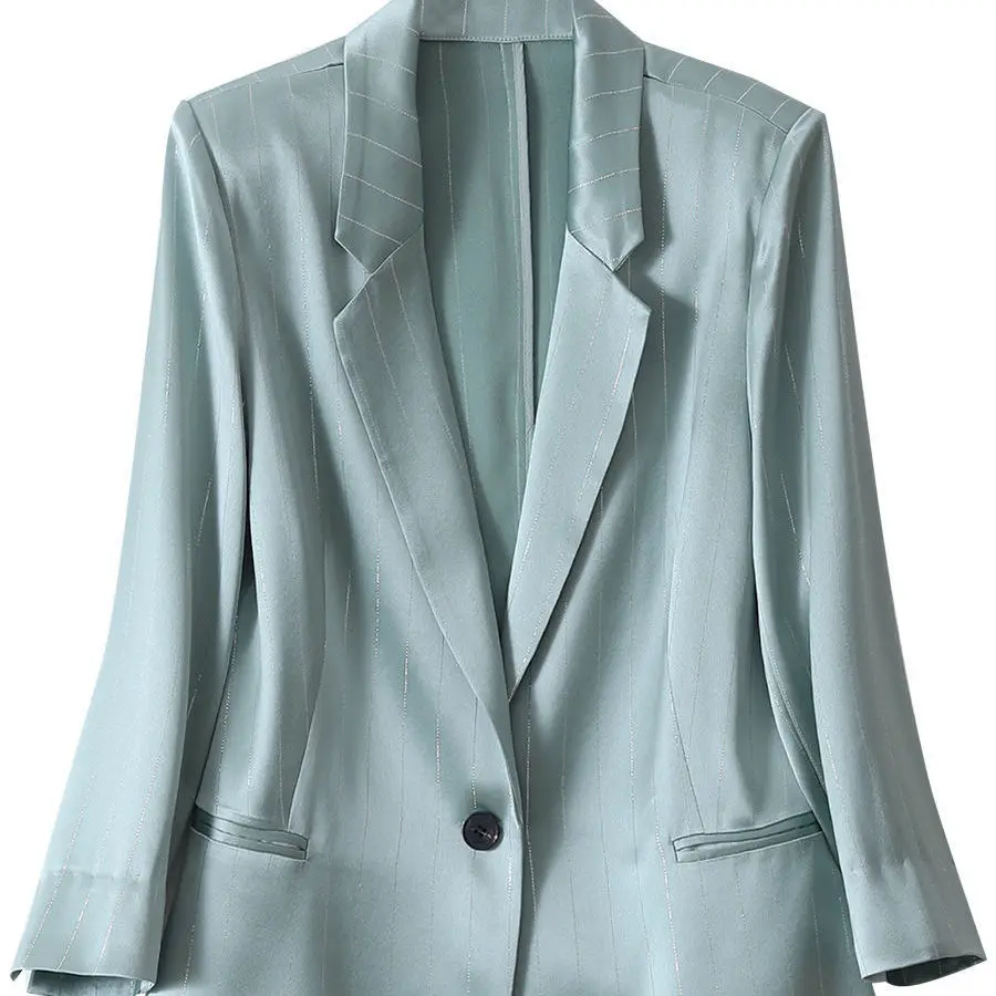Korean Elegant Satin Za Women Blazer Office Business Office Ladies Blazers Loose Tops Woman Bright Silk Striped Suit Jackets New