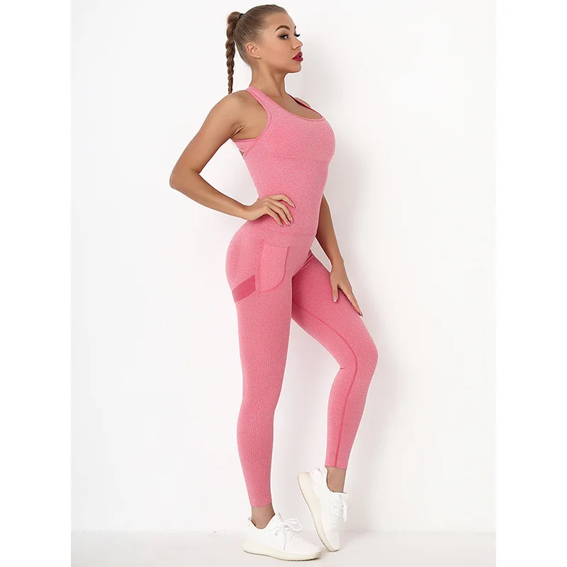 Gymdolphins Summer Female Fitness Jumpsuit Solid Color Slim Fit One-piece Yoga Suit Outdoor Running Jump Suits with Pockets