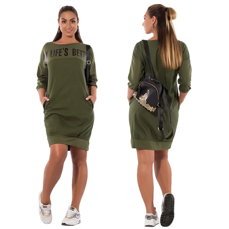 

Women Autumn Three-Quarter Sleeve Dress Plus Size Harjuku Letter Print Casual Mini Dresses Slim Vestidos Oversize 6XL