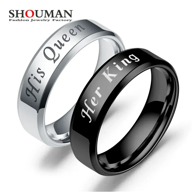 SHOUMAN Stainless Steel Couple King Queen Wedding Band Rings For Lovers Promise Valentine's Day Present
