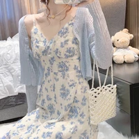 2022 spring summer women elegant dress suit blue long sleeve thin cardiganssexy floral print long sling dress two piece female