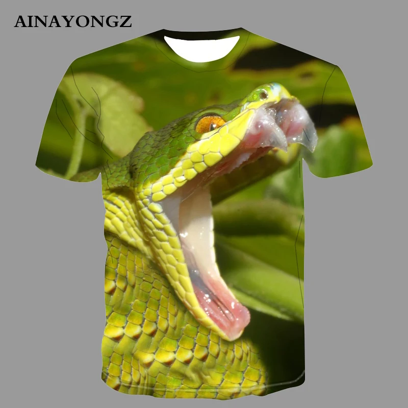 Creative Fun Hip Hop Tees Tops Cold-blooded Animal Green Snake 3d Printed Graphic T Shirts Summer Men Fashion Harajuku T-shirt