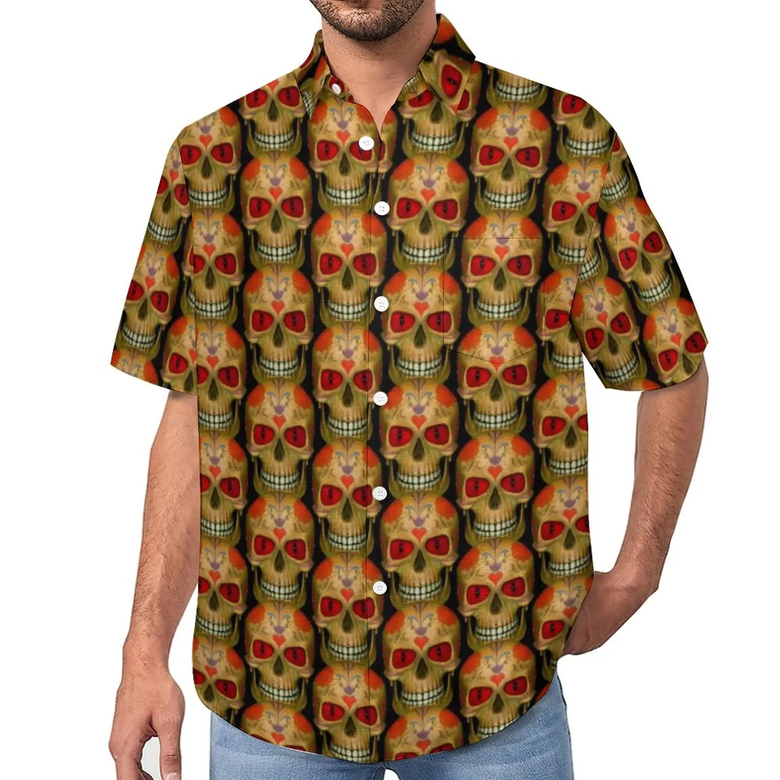 

Red Eyed Sugar Skull Casual Shirts Zombie Dead Vacation Shirt Summer Fashion Blouses Men Print Plus Size