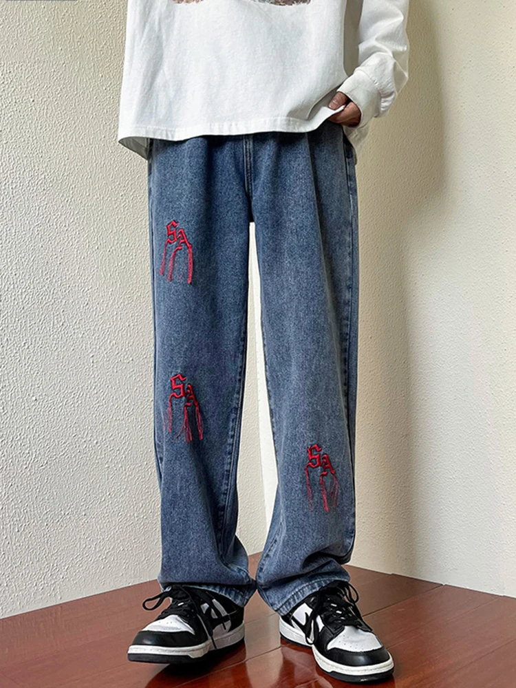 American Trend Vibe Style High Street Letter Embroidery Letter Straight Jeans Men's Street Wide-leg Trousers Luxury Men Clothing