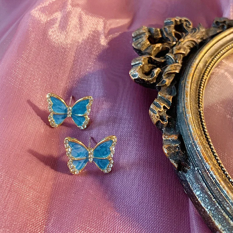 

Vintage Blend Blue Rhinestone Butterfly Stud Earrings for Women Simple Temperament Exquisite Earrings Vintage Party Jewelry