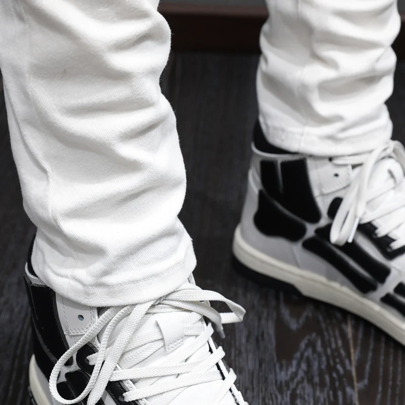 High Street Fashion Men Jeans White Elastic Stretch Skinny Fit Ripped Jeans Men Hole Patched Designer Hip Hop Brand Pants Hombre