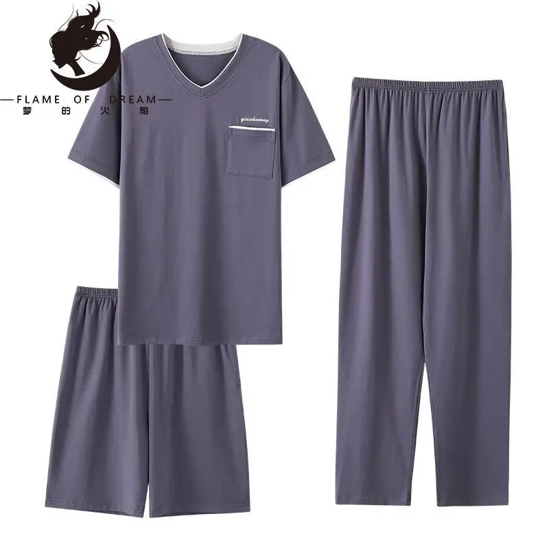 Flame of dreamThree Piece Pajamas Men's Modal Short Sleeve Pants  Plus Size Men's Cotton Spring Summer Home Clothes 221403