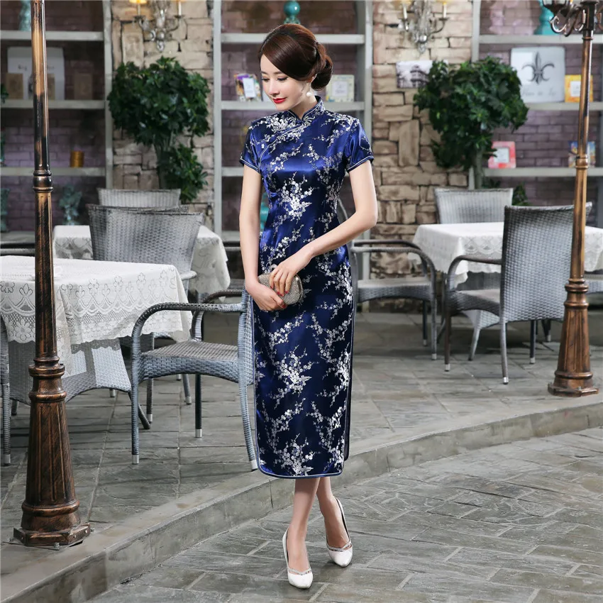 

Spring Summer Women Silk Satin Qipao Dress Chinese Traditional Long Cheongsam Plum Blossom Embroidery Lady Evening Party Gown