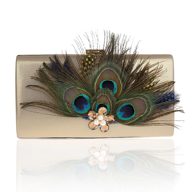 

Retro Bohemia Peacock Feather Clutch Luxury Exquisite Crystal Pearl Evening Bags Women Wedding Party Chain Crossbody Bag