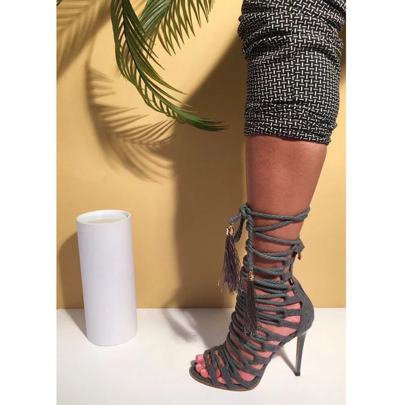 

Sexy Army Green Crossed Rope Tassel Sandals Woman Open Toe Gladiator Thin Heel Sandal Boots Ladies Fringed Cutouts Dress Heels