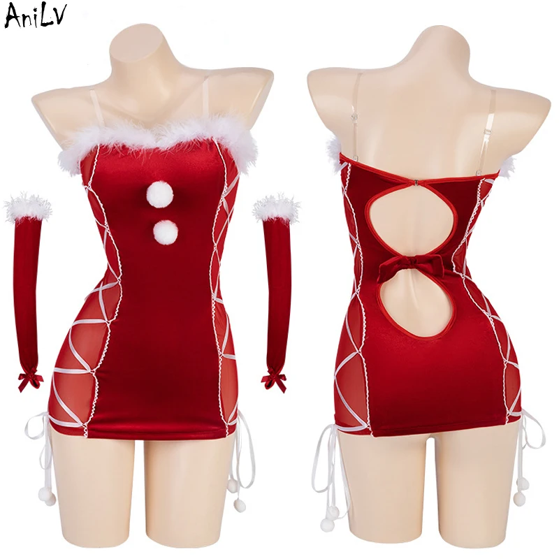 

AniLV 2022 Winter Christmas Girl Hooded Shawl Furry Bikini Uniform Santa Claus Women Plush Underwear Cosplay Costumes