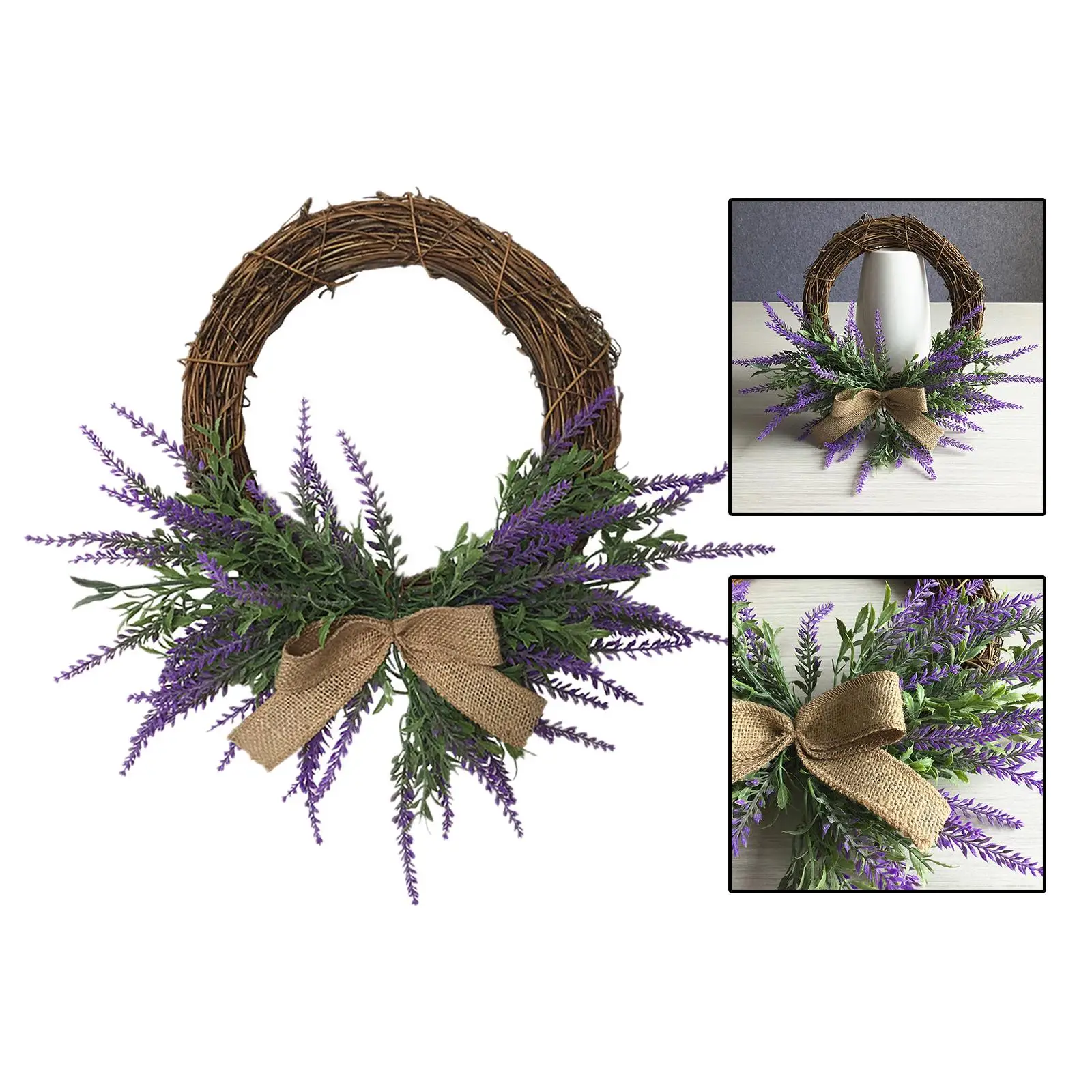 

Lavender Flower Wreath with Bow-Knot Hanging Handmade Floral Plant Flowers Wreath for Front Door Wreath