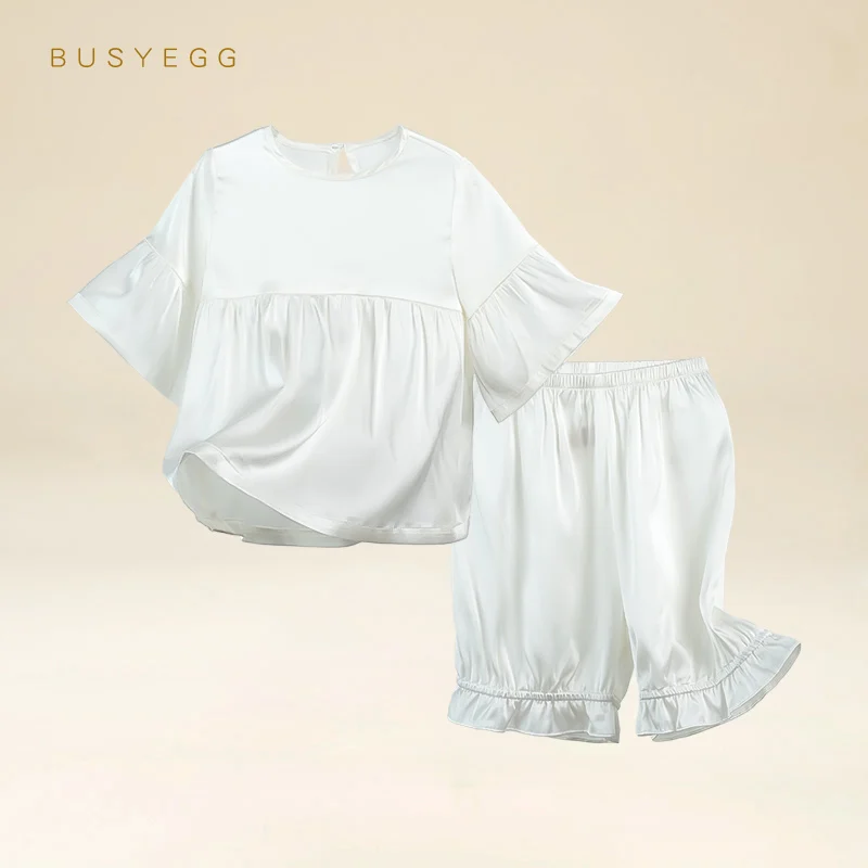 

Однотонная детская пижама, Шелковый комплект, одежда для сна, домашняя одежда, летняя тонкая ночная рубашка из натурального шелка с коротким рукавом для девочек