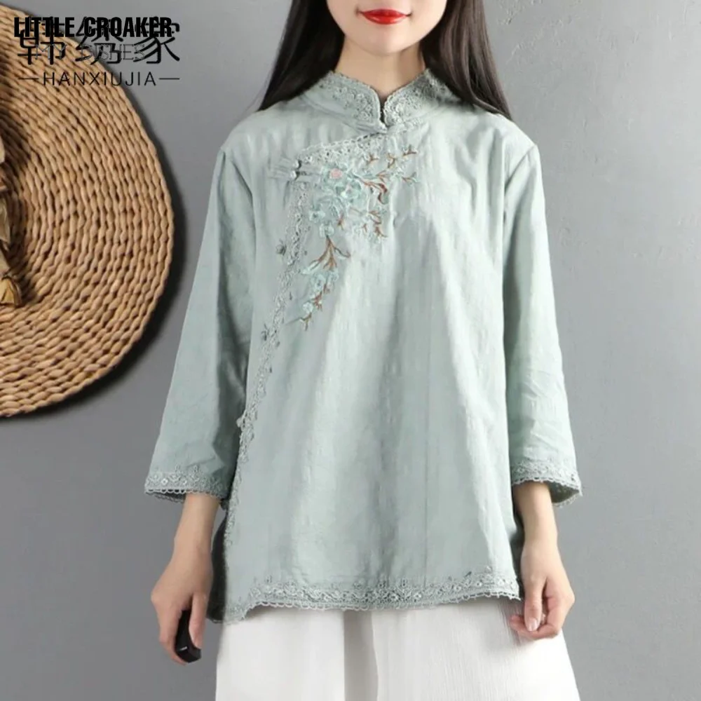 

Китайская Ретро Улучшенная рубашка ханьфу из чистого хлопка, Женская Весенняя свободная литературная рубашка, китайское чайное платье на пуговицах дзен