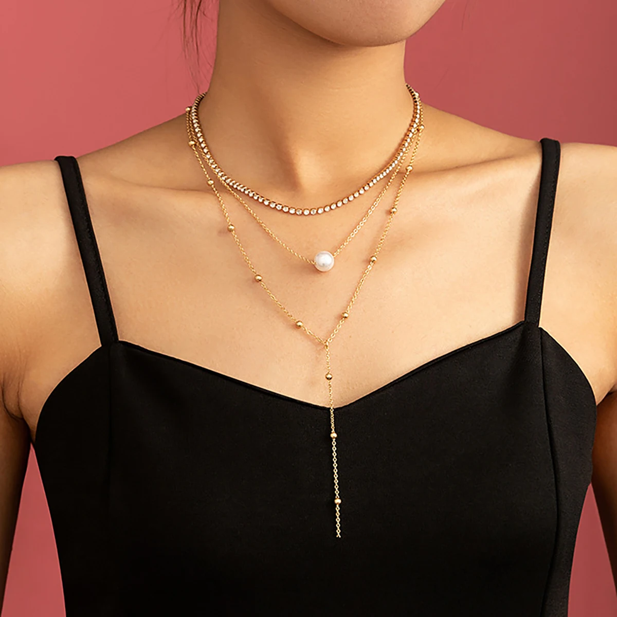 

Layered Bling Rhinestones Chain with Pearl Pendant Necklace for Women Trendy Long Tassel Chain Necklace Set 2022 Fashion Jewelry