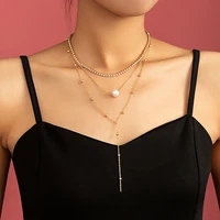 layered bling rhinestones chain with pearl pendant necklace for women trendy long tassel chain necklace set 2022 fashion jewelry