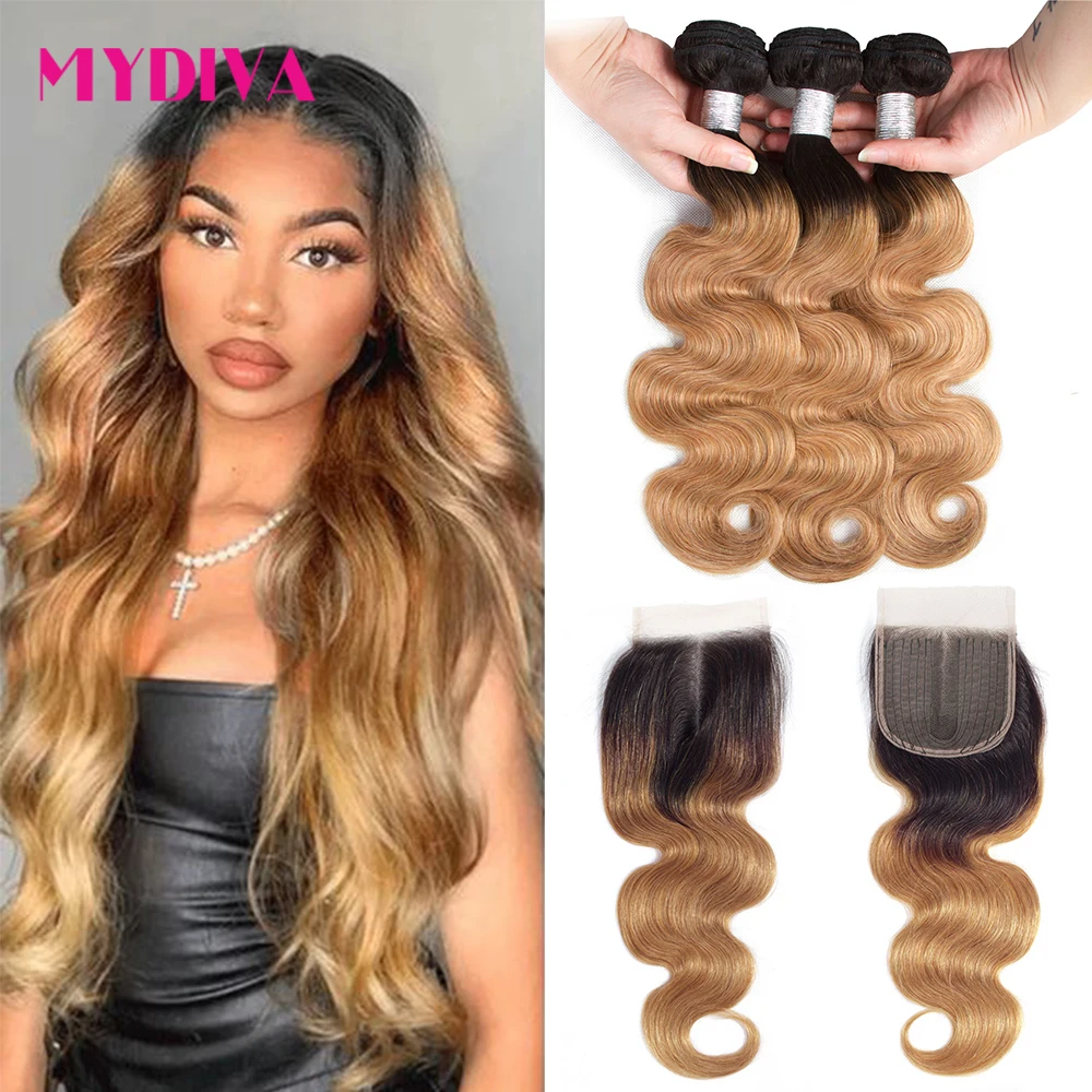 

Ombre Blonde Body Wave Bundles With Closure Brazilian Human Hair Weave Bundles T1B/27 Colored Bundles With Lace Closure