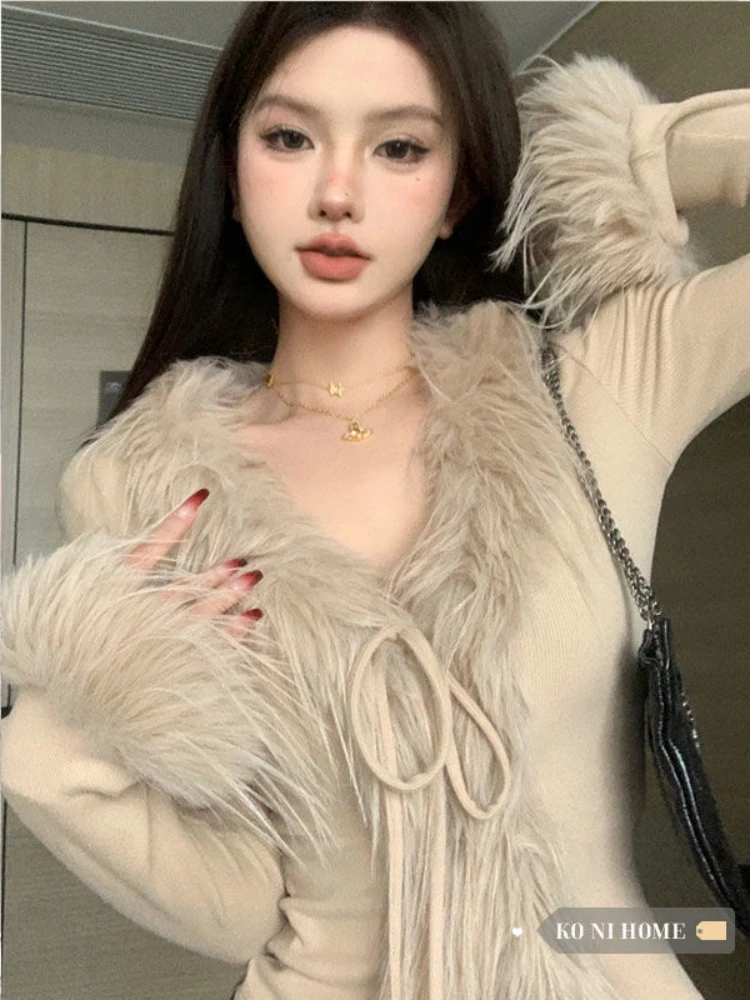 

Deeptown Korean Fashion Solid Knitted Cardigan Women Elegant Sexy Slim Cropped Sweater Y2K Vintage Luxury Lace Up Tops Old Money
