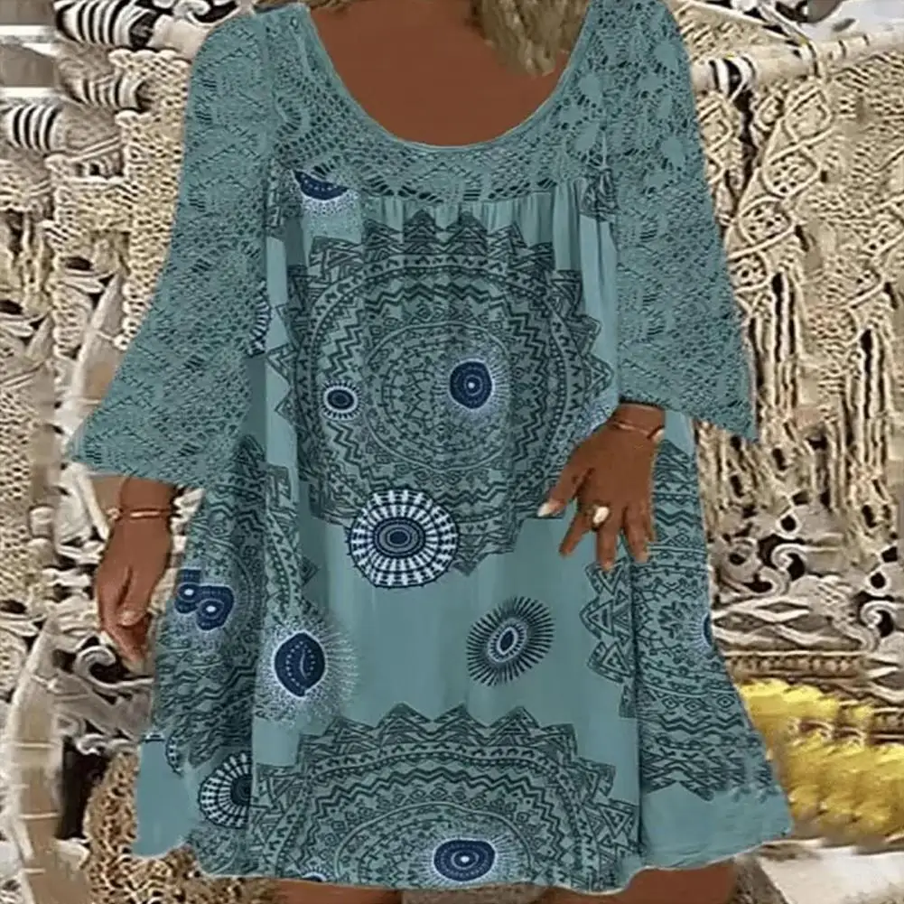 

Casual Women Dress Ethnic Style Crew Neck Three Quarter Sleeves PrintVintage Dress Up Loose Waist Dress Female Streetwear