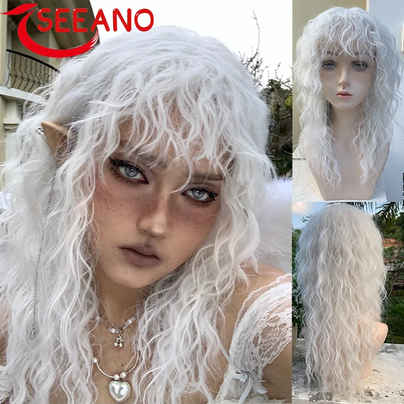 SEEANO Synthetic Cosplay Wig Long Curly With Bangs White Pink Wig Pure White Wool Roll Lolita Women Halloween Cosplay Wig Female