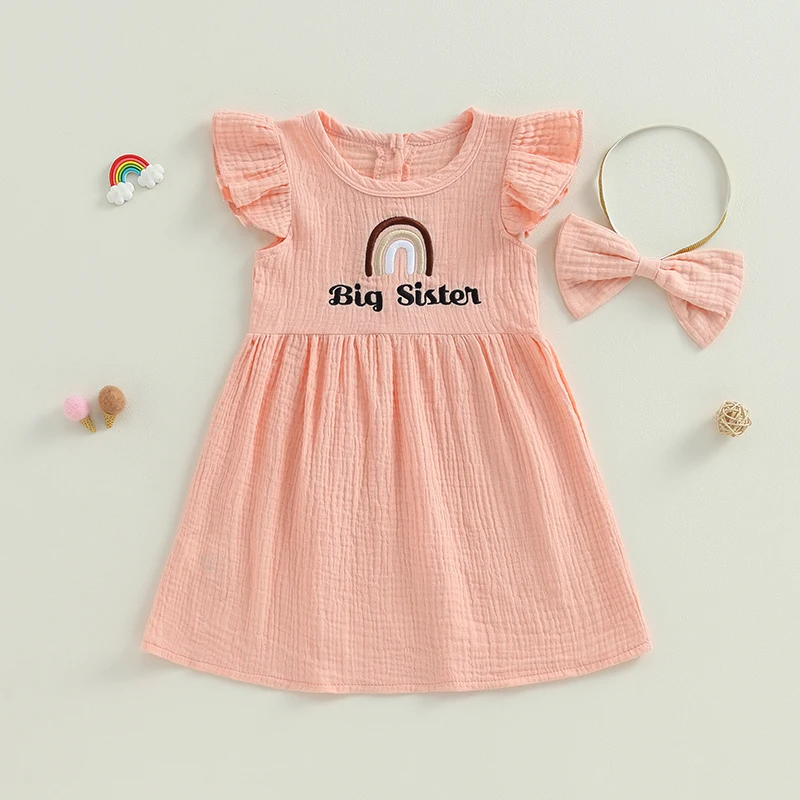 

Listenwind 1-5Y Toddler Girls Casual Dress Pink Flying Sleeve Letter Rainbow Print Party Dress with Headband Summer Clothes