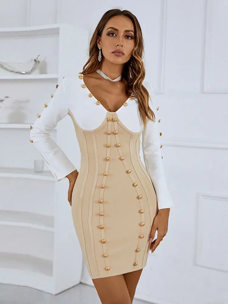 

2022 Fall New Women's Sexy Patchwork Long Sleeve V-Neck Button Rayon Bandage Bodycon Celebrity Club Party Evening Dress