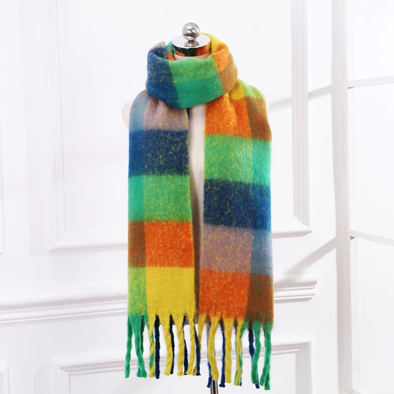 

New Designer Brand AC Checkered Mohair Scarf In Autumn and Winter Colorful Women's Warm Tassel Shawl 목도리 스카프 Hot Sale