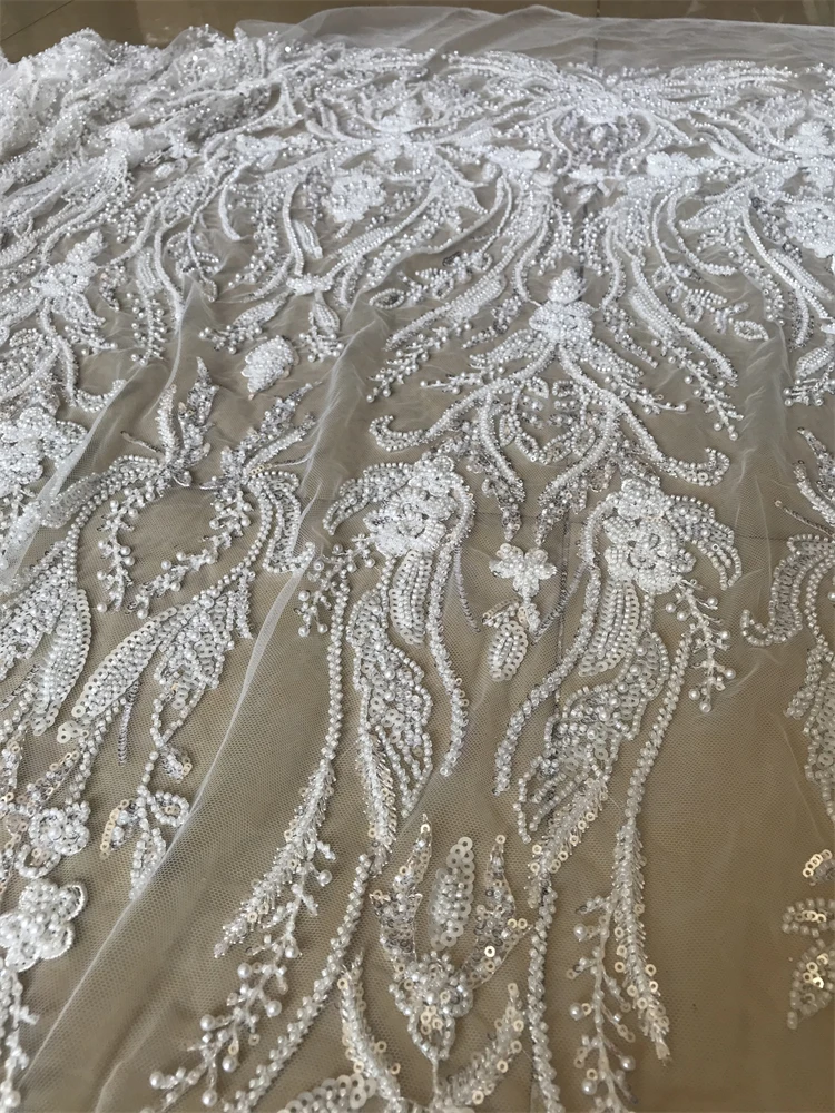 

High Quality African Handmade Beaded Lace Fabirc S-1306181 sequins Embroidery Nigreian Lace Fabric Women Wedding Dres