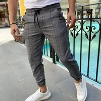 mens pants spring and summer fashion slim fit pocket plaid pants mens casual mid waist elastic lace up pencil pants trousers