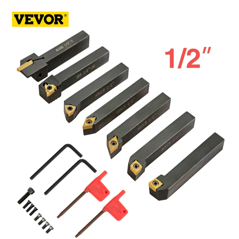 

VEVOR Carbide Indexable 1/2'' 7pcs/et Lathe Turning Threading Tool Lathe Cutter Metal Insert Cutter Bit